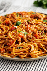 Homemade One-Pot Taco Spaghetti on a Plate, side view.
