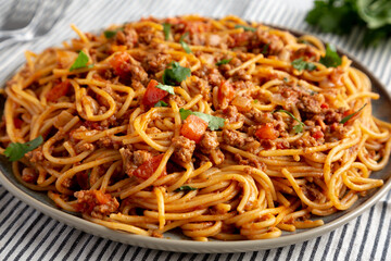 Homemade One-Pot Taco Spaghetti on a Plate, side view.