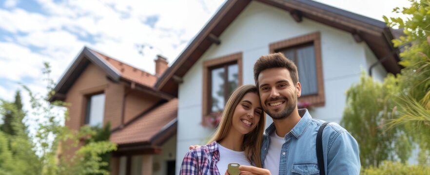 Couple Standing in Front of New House With House Key Generative AI - Powered by Adobe