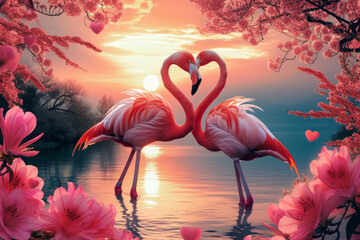 Romantic pink Flamingos Forming Heart Shape at Sunset