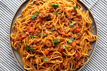 Homemade One-Pot Taco Spaghetti on a Plate, top view.