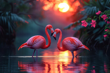 Romantic Flamingos at Sunset lake 