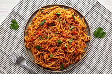 Homemade One-Pot Taco Spaghetti on a Plate, top view.