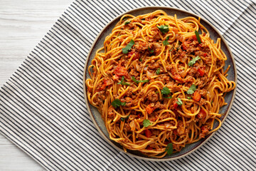 Homemade One-Pot Taco Spaghetti on a Plate, top view. Copy space.