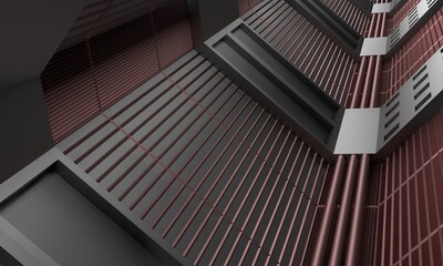 Fototapeta premium Dark red and gray sci-fi tunnel with angle. 3d render, 3d illustration.