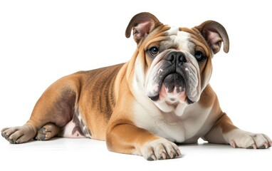 Obraz premium An adorable Bulldog lying calmly, its wrinkled face and expressive eyes beautifully isolated against a white background.