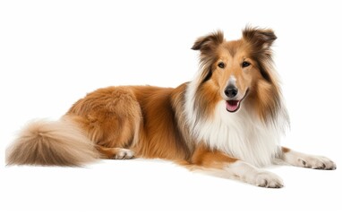 A beautiful Collie dog with a lush coat, laying gracefully, isolated on a white background.