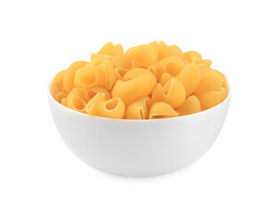Raw macaroni pasta in bowl isolated on white