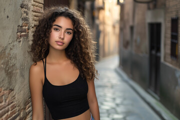 Naklejka premium Street portrait of attractive hispanic girl with curly hair 