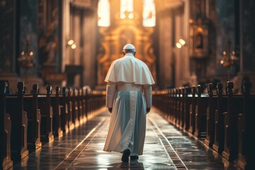 The Pope walked gracefully through the church. A symbol of faith, respect and hope, the light of blessing shines through the door. - obrazy, fototapety, plakaty