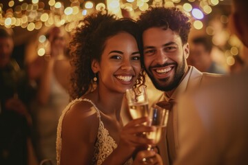A beautiful newlywed couple celebrates their wedding at an evening wedding reception party. Smiling, enjoying champagne - obrazy, fototapety, plakaty