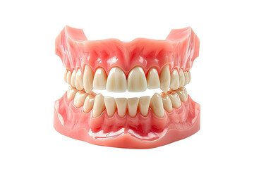 Full Dentures with teeth, gum and bone for preserves isolated on transparent png background, fake teeth in dentistry, medicine and prosthesis.