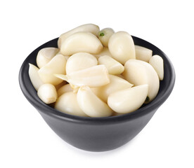 Peeled cloves of fresh garlic in bowl isolated on white