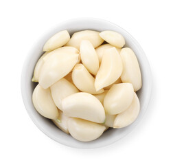 Peeled cloves of fresh garlic in bowl isolated on white, top view