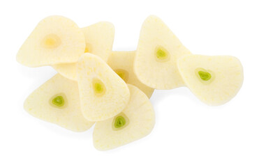 Pieces of fresh garlic isolated on white, top view