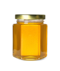 Tasty natural honey in glass jar isolated on white