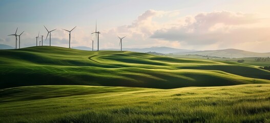 Wind turbines on green rolling hills under a cloudy sky, showcasing natural beauty and renewable energy. - obrazy, fototapety, plakaty