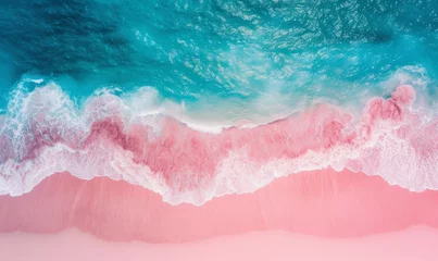 Fototapeten Aerial view of a tropical sandy beach and ocean coastline in abstract pink and blue tones © ink drop