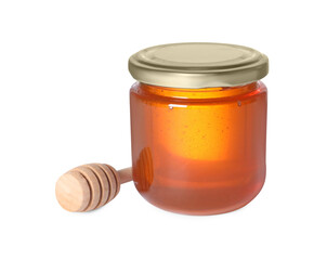 Tasty natural honey in glass jar and dipper isolated on white