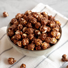 Homemade Chocolate Caramel Popcorn in a Bowl, side view.