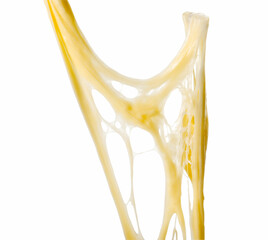 Stretching delicious melted cheese isolated on white