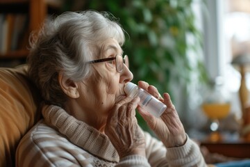 Senior woman uses asthma inhaler to treat asthma symptoms while sitting at home. - obrazy, fototapety, plakaty