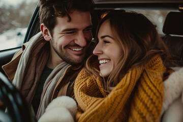 Happy couple sitting inside a car smiling 