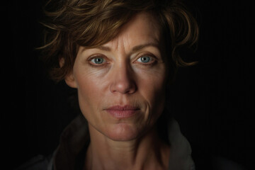 A softly lit portrait of a reflective woman with short hair and striking blue eyes, her gaze conveying depth and emotion