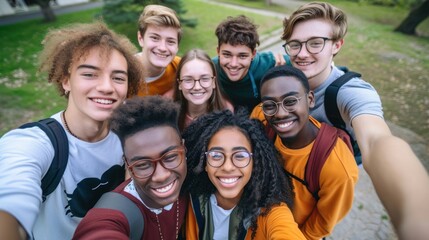 Diverse Group of Young People Taking a Selfie Outdoors Generative AI