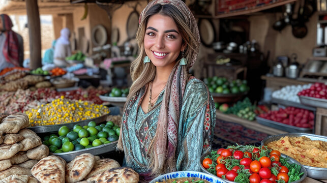Smiling woman standing in front of a colorful spice and vegetable market.