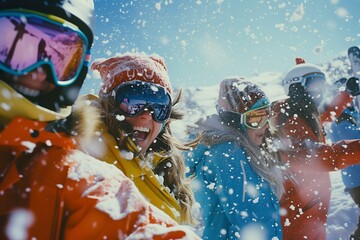 People having fun and laughing at a ski / snowboard trip, man and women wearing ski equipment and having fun outdoor.
