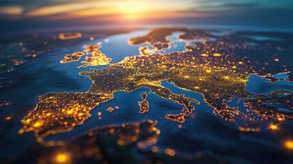 Glowing city lights of Europe seen from a satellite perspective during night time. - obrazy, fototapety, plakaty