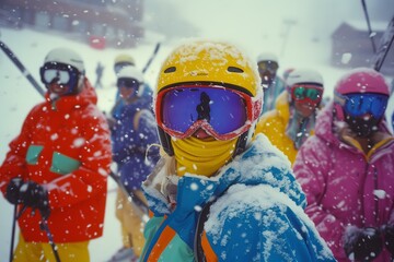 People having fun and laughing at a ski / snowboard trip, man and women wearing ski equipment and having fun outdoor.