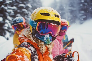 People having fun and laughing at a ski / snowboard trip, man and women wearing ski equipment and having fun outdoor.