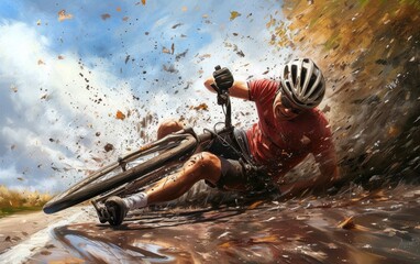 Dramatic moment capturing a cyclist in the midst of a fall, highlighting the risks and challenges in the sport.