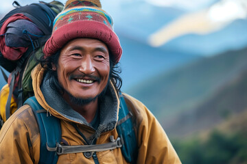 Portrait of hiker or climber smiling during mountain climb