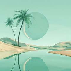 Fototapeta na wymiar Tranquil oasis with palm trees and a large moon reflected in water amidst desert dunes.