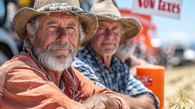 Farmer holding a sign with the inscription "No Taxes" against the backdrop of the countryside. Concept: protest movement against tax pressure on agriculture or illustration of socio-economic studies o