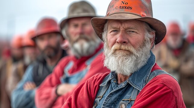 Farmer holding a sign with the inscription "No Taxes" against the backdrop of the countryside. Concept: protest movement against tax pressure on agriculture or illustration of socio-economic studies o