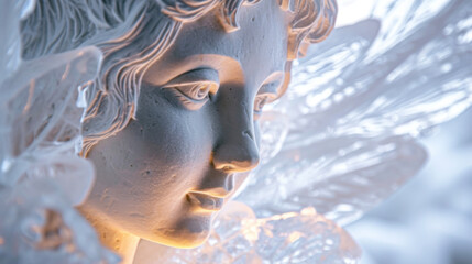 A heavenly figure with eyes glowing with divine inspiration molding a block of ice into an intricate ice sculpture palace.
