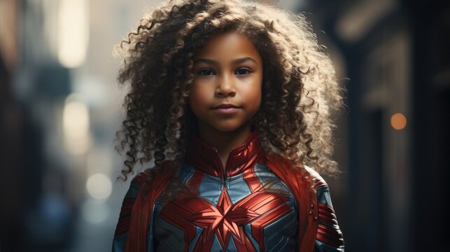 Young African American Girl In Superhero Costume In City