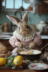 Funny animal, Rabbit Cooking in Vintage Kitchen Scene