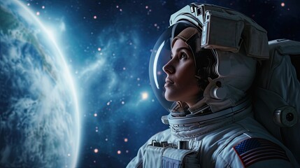 Astronaut woman in spacesuit in outer space - obrazy, fototapety, plakaty