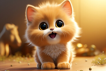Adorable 3D cartoon yellow cat portrait in a room setting