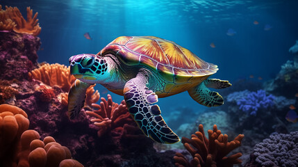 Obraz premium Green sea turtle swimming in a tropical coral reef. Marine life. Green sea turtle swimming in the deep blue ocean. Sea tortoise. 
