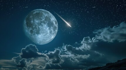 Fototapeta na wymiar Moonlight and shooting stars. In the quiet night.