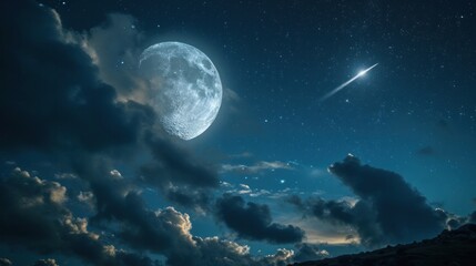 Fototapeta na wymiar Moonlight and shooting stars. In the quiet night.