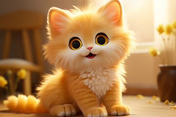 Adorable 3D cartoon yellow cat portrait in a room setting