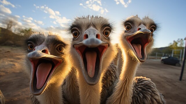 ostriches making selfie on farm.
