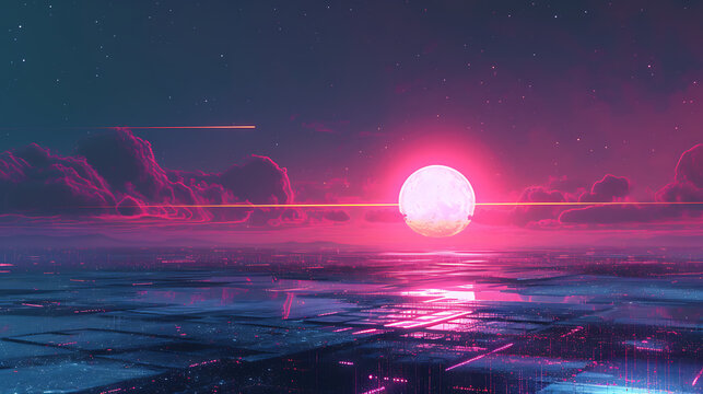  the essence of a futuristic twilight with a gradient of magenta, blue, and purple, enhanced by a pixelated grainy texture